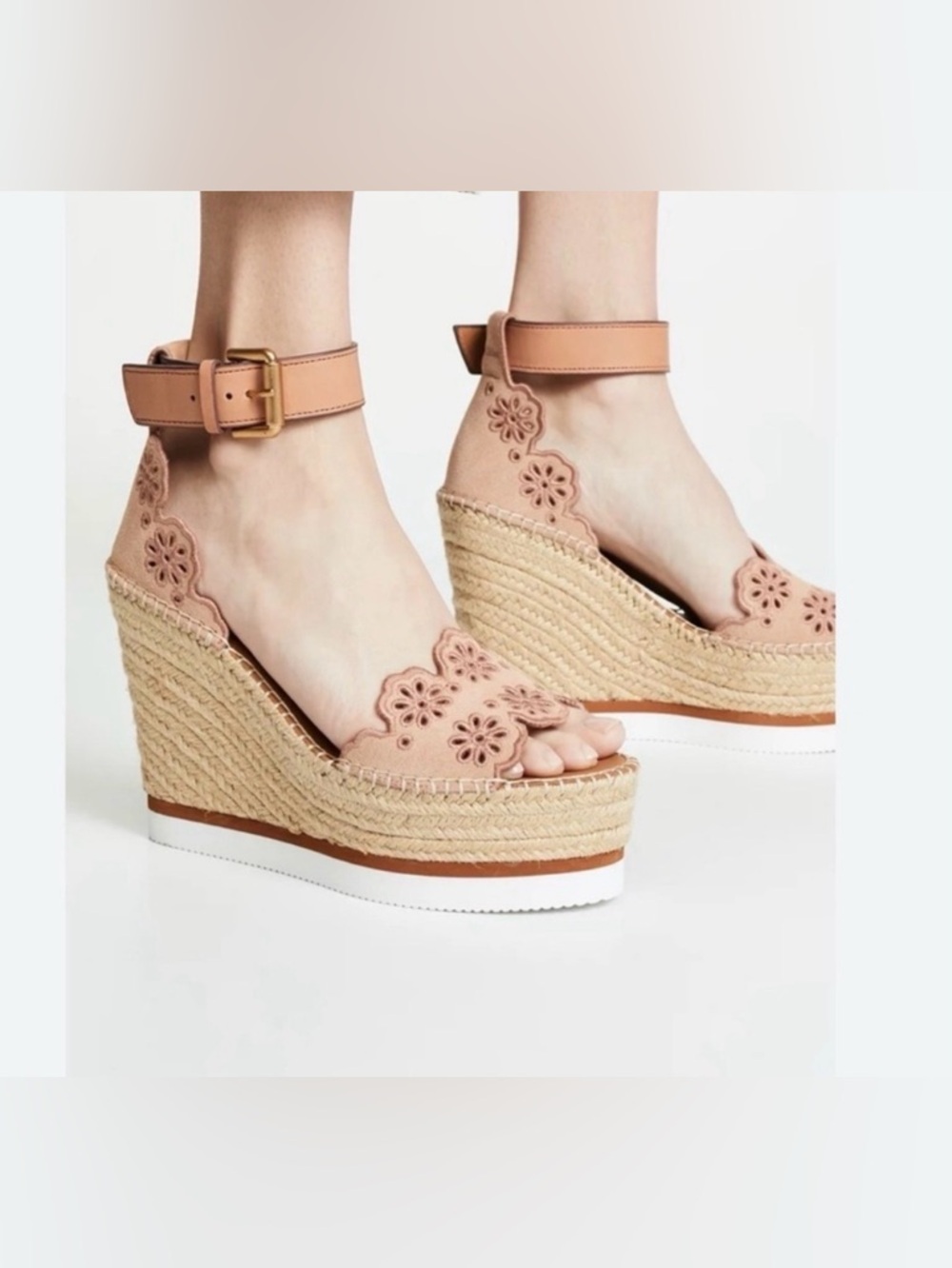 See By Chloe Pink Floral Cutout Ankle Strap Espadrille Sandals